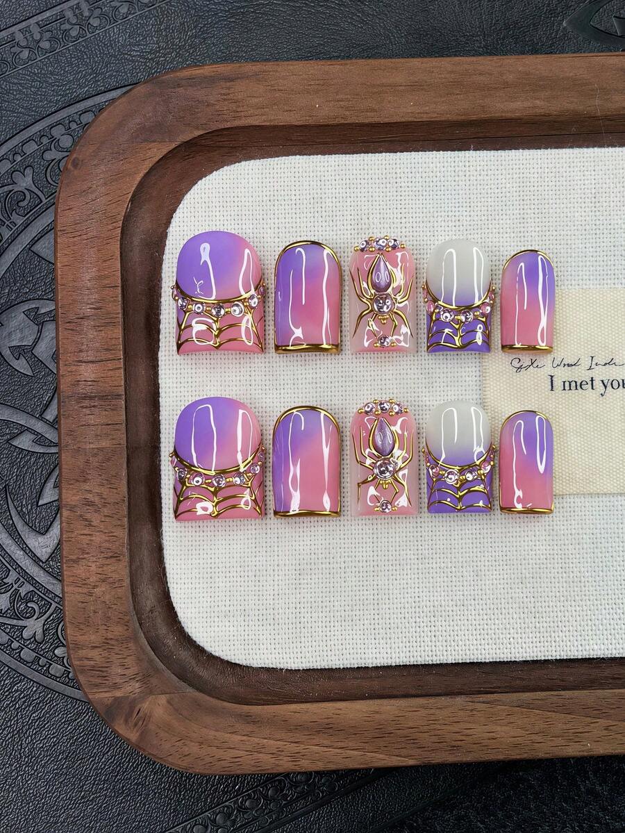 10pcs/Set Y2K Nails Handmade, Cute Nails, Purple Nails, 3D Spider Nails & 3D Spider Web Nails, Gradient Nails, Perfect For Parties & Daily Wear. Short Square Nails. Handmade Press On Nails Square, Fake Nails, Acrylic Nail, Handmade Nails, Fall Nails - Multicolor - View 1