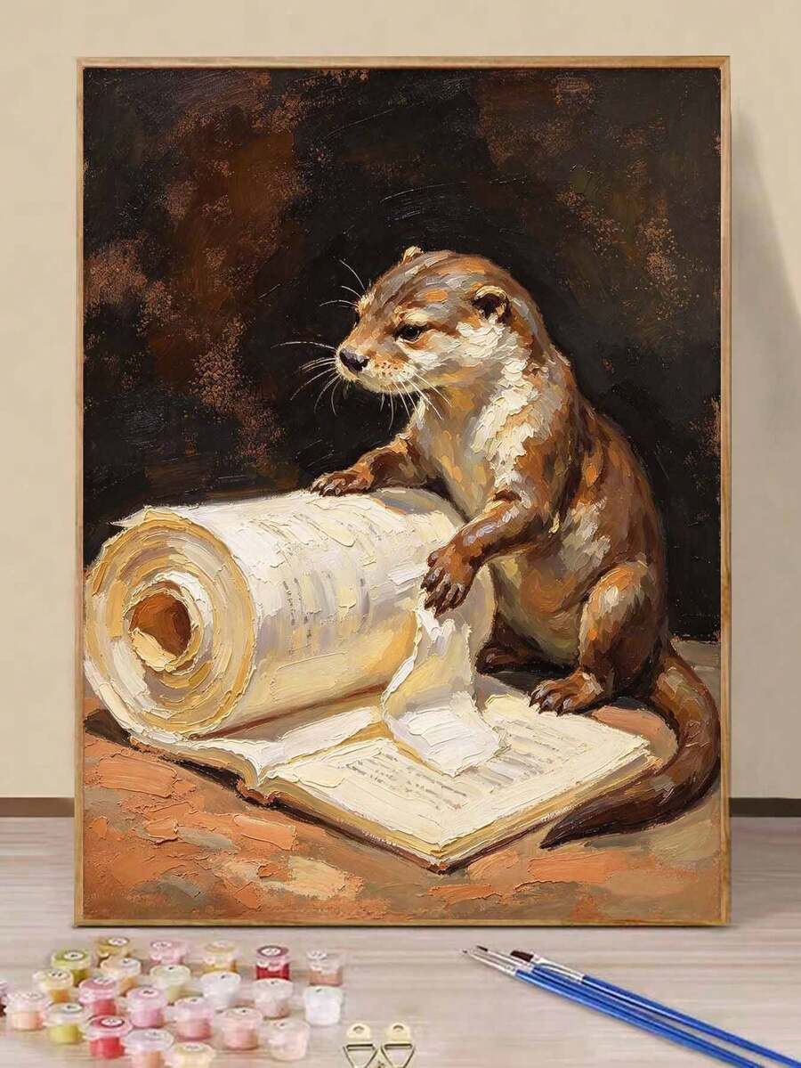 Otter Reading Scrolls And Books DIY Digital Painting Kit, Retro Animal Portrait Frameless Oil Painting Wall Decoration - A - View 1