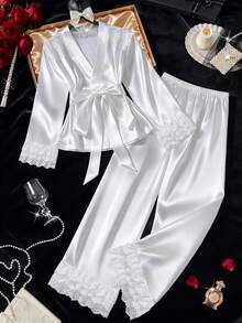 Women White Satin Lace Pajama 2cs Set Long Sleeve Wrap Front Blouse & Wide Leg Pants Ruffled Edge Design & Elegant Romance Bridal Nightwear Set - White - View 11