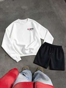 Men's Spring/Autumn Minimalist Cherry Blossom Car Print Letter Crew Neck Long Sleeve Sweatshirt And Shorts Casual Set - Black and White - View 3