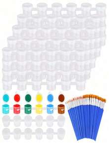 20pcs (120 Total) Empty Paint Buckets With Lids - Mini Transparent Storage Boxes, 6-Pack Acrylic Paint Strips, Includes 20 Paintbrushes; Suitable For Classrooms, Schools, Painting Activities And Art Festivals (Capacity: 3ml/0.1oz) - A+B - View 1