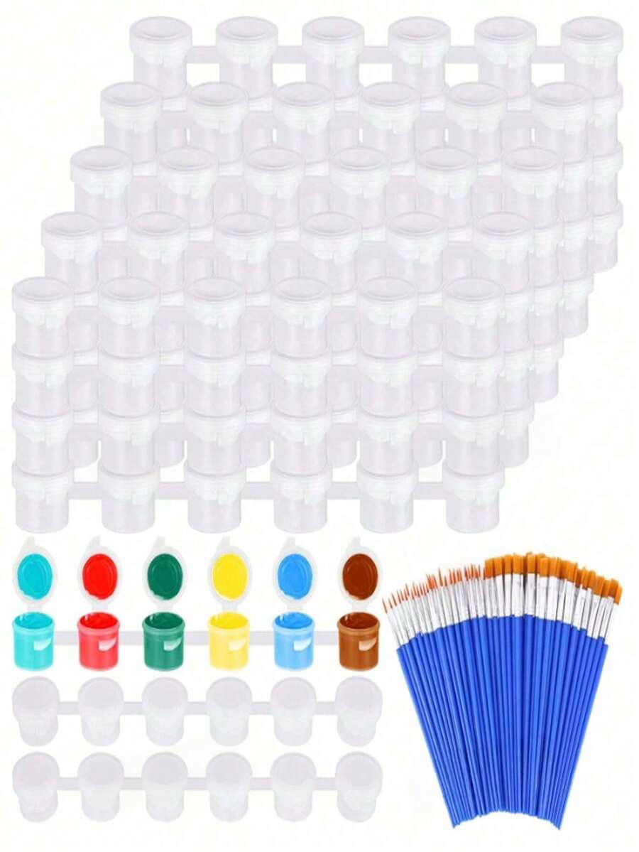 20pcs (120 Total) Empty Paint Buckets With Lids - Mini Transparent Storage Boxes, 6-Pack Acrylic Paint Strips, Includes 20 Paintbrushes; Suitable For Classrooms, Schools, Painting Activities And Art Festivals (Capacity: 3ml/0.1oz) - A+B - View 1