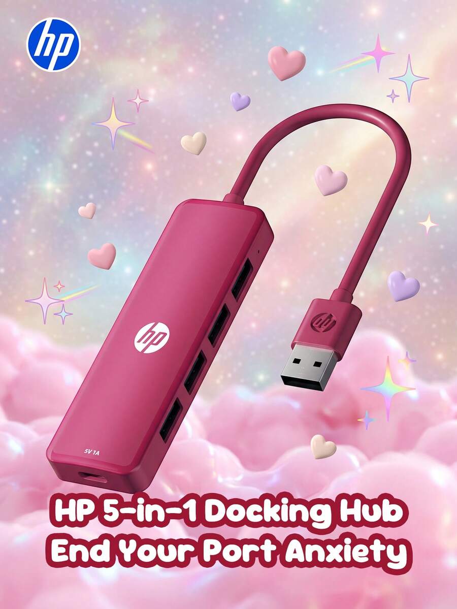 HP 4-In-1 Expansion Hub, DHC-CT100D, USB-A 2.0, Berry Red, 1-To-4, USB2.0*4, Type-C*1, Efficient File Transfer, Portable Multifunctional Expansion Hub - View 1