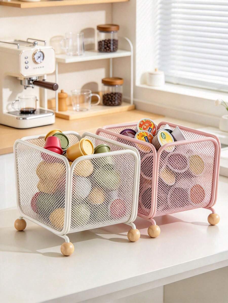 1PCMesh Storage Basket, Metal Wire Storage Bin With Wooden Ball Legs, Desktop Organizer For Coffee Pods, Cosmetics, Snacks, Multipurpose Storage Bin For Kitchen Counter, Office Desk, Bedroom Vanity, Sturdy Mesh Basket, Keep Table Neat