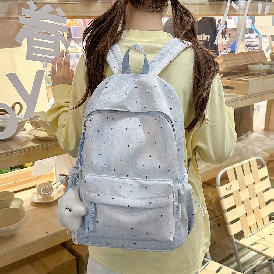 2pcs/Set Cute Star Print Tie-Dye Backpack With Plush Pendant, Large Capacity Lightweight Student School Bag, Suitable For Teenage Girls, Casual Travel Campus Daily Use, Campus Backpack