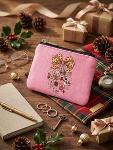 Christmas Bow Pendant Printed Canvas Coin Purse, Zipper Small Card Holder, Holiday Gift Coin Storage Bag, Christmas Bow, Santa Claus Print, Holiday Small Gift, Portable Storage Bag - Multicolor - View 7