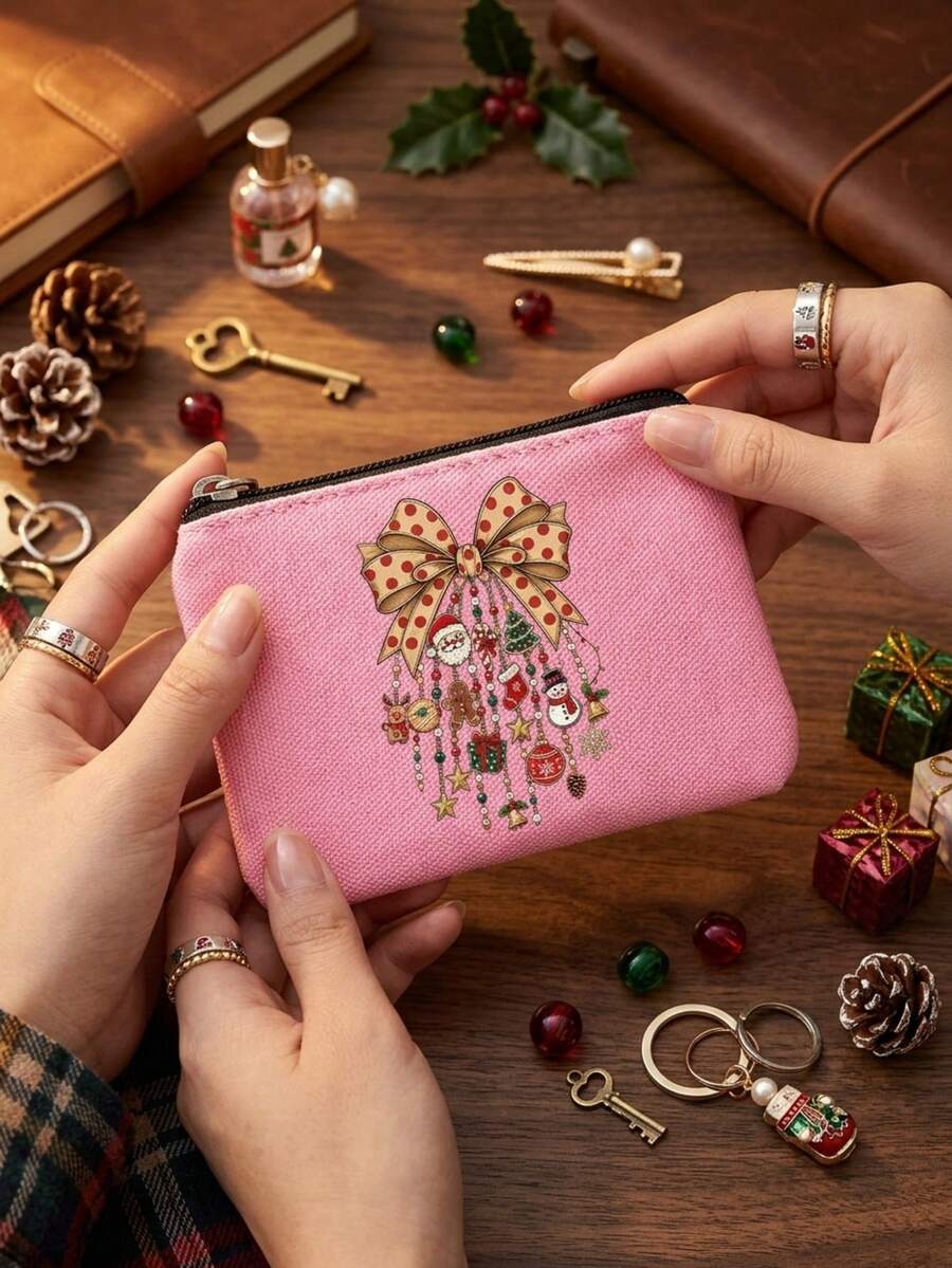 Christmas Bow Pendant Printed Canvas Coin Purse, Zipper Small Card Holder, Holiday Gift Coin Storage Bag, Christmas Bow, Santa Claus Print, Holiday Small Gift, Portable Storage Bag - Multicolor - View 1
