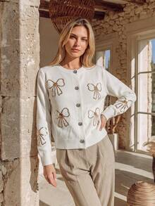 NiceArt Women's Autumn Elegant Sequin Bow Wool Blend Cardigan, Long Sleeve Round Neck Button Style, Suitable For Winter Wear, Social, Dating - Apricot - View 3