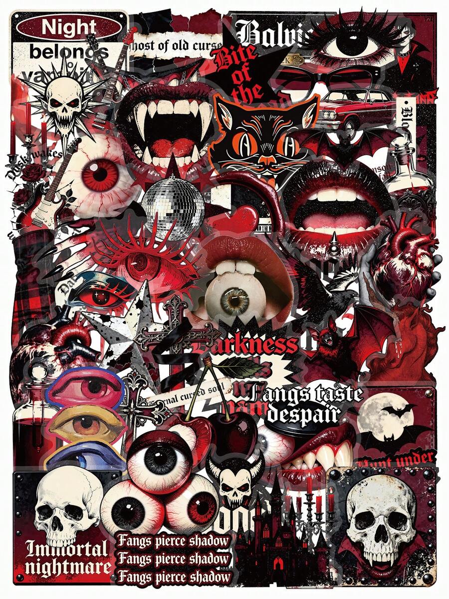 51 Pcs Aesthetic Dark Gothic PET Stickers, Waterproof Vampire Skull Grunge Decals, Journaling Scrapbook Sticker Set For Water Bottles Laptops Phone Cases Teens Adults - Vampire - View 1