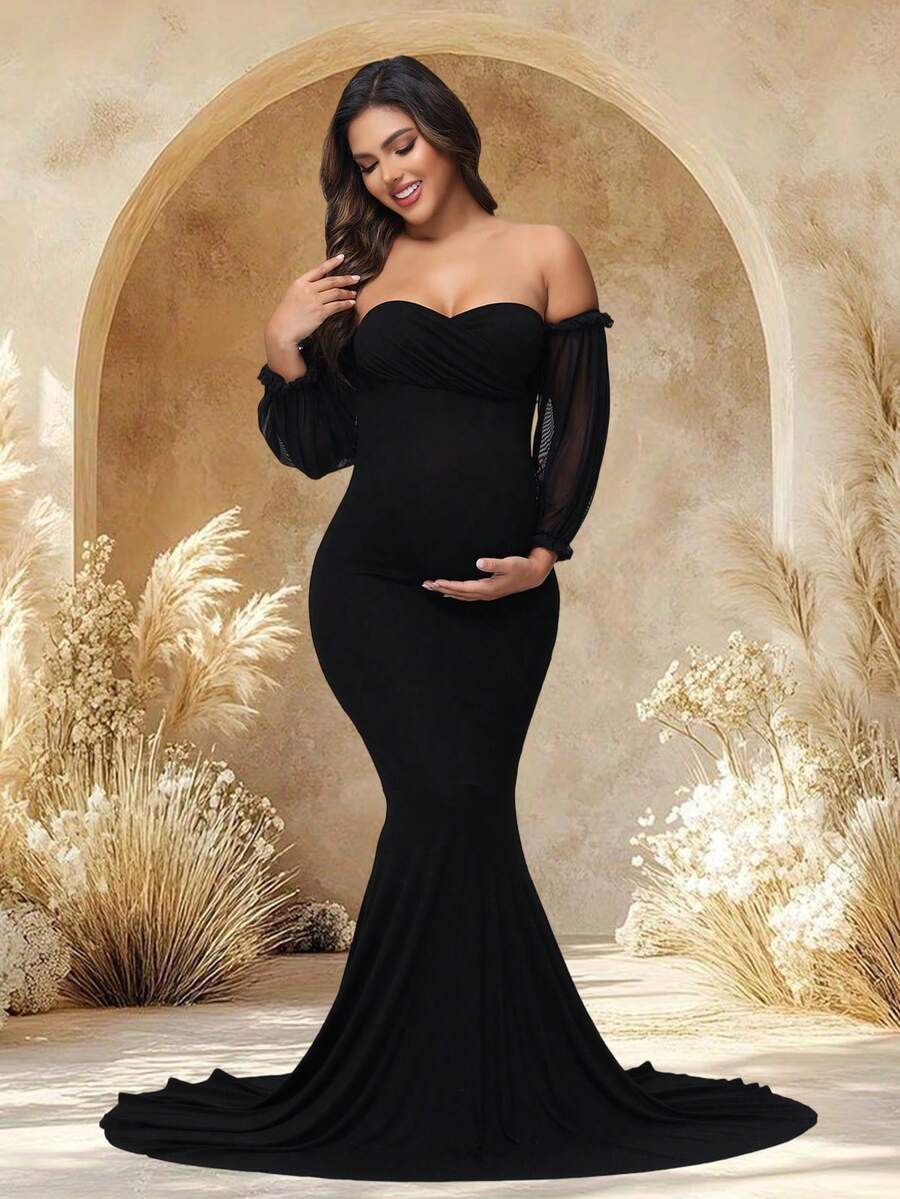 JustVH Maternity V-Neck Open Shoulder Mermaid Hem Mesh Puff Sleeve Maxi Dress, Suitable For Photography And Baby Shower Spring Black Fall - Black - View 1