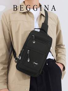 Men's Chest Bag, Durable Fabric Body, Multi-Compartment Zipper Storage, Paired With Wide One Shoulder Strap, Can Be Worn Crossbody. Lightweight And Compact Body, Rational Partitioning, Convenient For Categorized Storage Of Personal Items, Simple And Clean Design, Suitable For Commuting And Outdoor Use. - Black - View 7