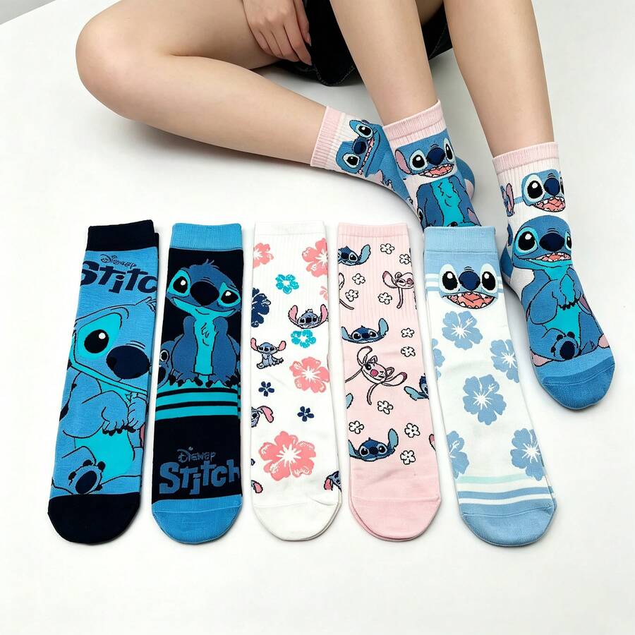 1 / 5 Pairs Official Licensed Disney Lilo & Stitch Hibiscus Flower Print 5 Packs Crew Socks, Soft Cotton Casual Socks - Style Random - View 1