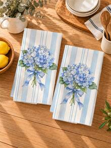 2pcs Minimalist Daily Blue Striped Hydrangea Pattern Kitchen Towels, Soft Polyester Material Dish Cloths, Suitable For Kitchen Decor, Kitchen Cleaning, Holiday Party Decoration, Kitchen & Bathroom Supplies Home Essentials, Home Decor, Housewarming Gift - Multicolor - View 7