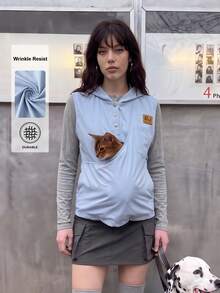 Women's Casual Half-Zip Button Pocket Loose Hooded Vest, Essential For Pet Owners, Daily Wear, Autumn/Winter Clothing, Autumn/Winter Set - Light Blue - View 1