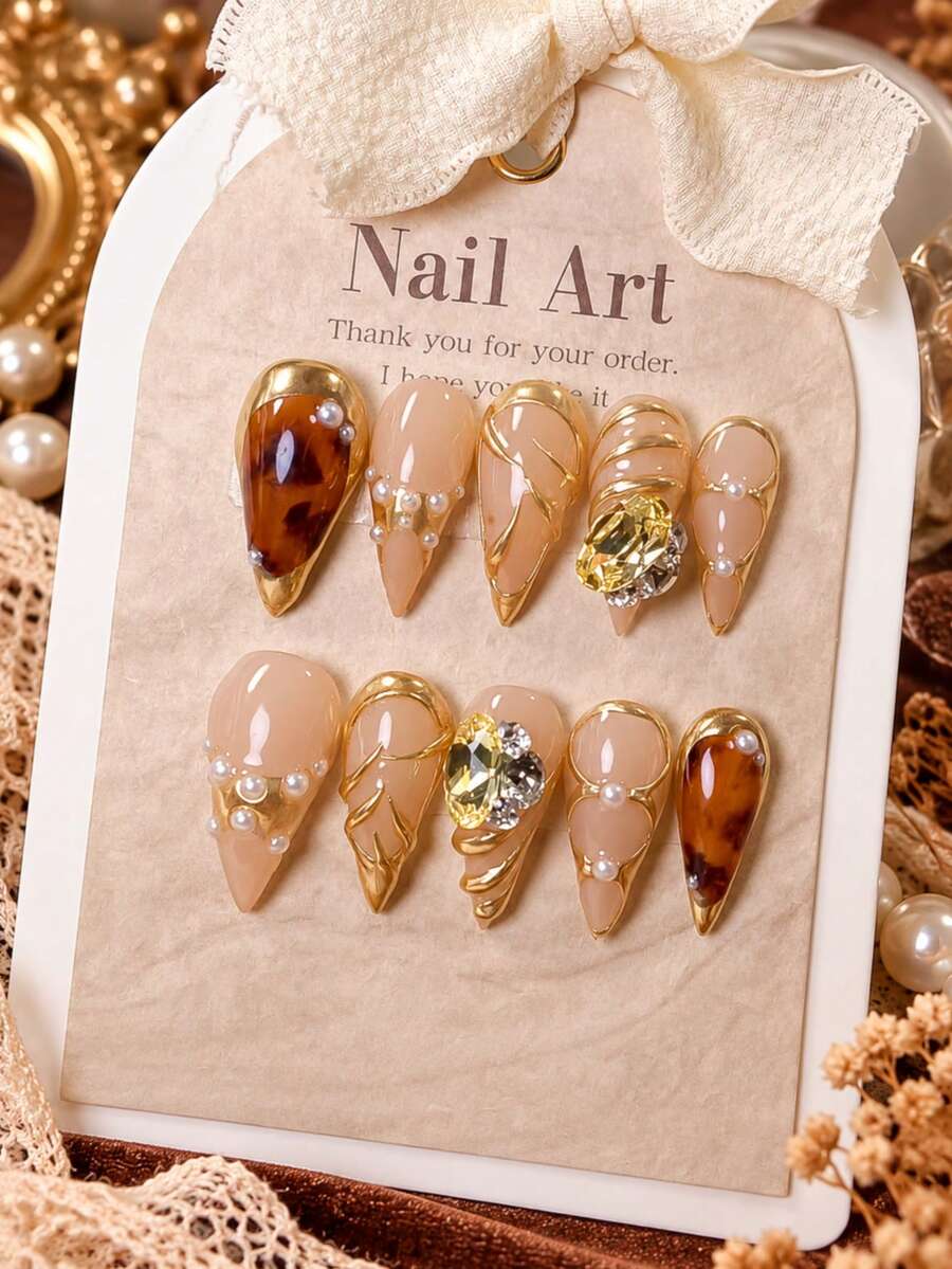 10pcs Handmade Dragon Claw Press-On Nails, 3D Gold Lines, Amber Ombre ...