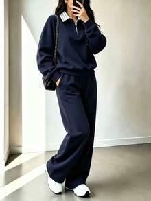 2Pcs Polo Oversized Sweatshirt Relaxed Fit Back To School Autumn Winter Cosy Fall Christmas Cute Casual Everyday Capsule Wardrobe Y2K Streetwear - Navy - View 2