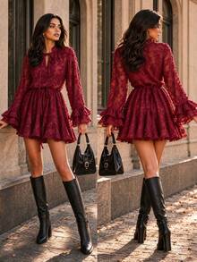 Women's Solid Color Elegant Faux Drawstring Short Dress, Suitable For Daily Wear, Commuting, Dating, Vacation, Christmas Party - Burgundy - View 1