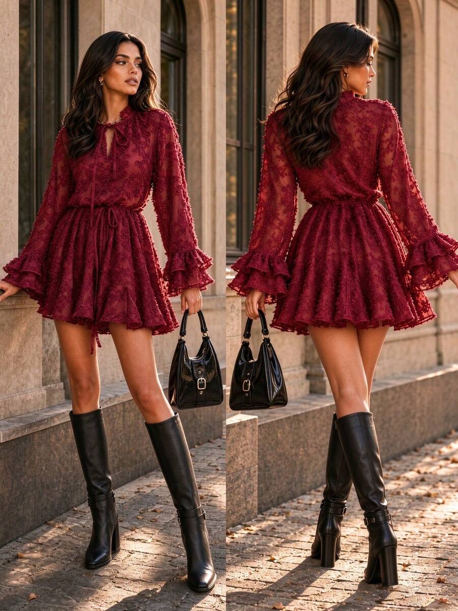 Women's Solid Color Elegant Faux Drawstring Short Dress, Suitable For Daily Wear, Commuting, Dating, Vacation, Christmas Party - Burgundy - View 1
