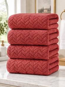 4pcs-Coral Fleece Diamond Pattern Towel Set, Soft High Absorbency Herringbone Towels, Quick-Dry Luxury Bathroom Towels, Suitable For Shower, Spa, Hotel And Daily Home Use - Red - View 6
