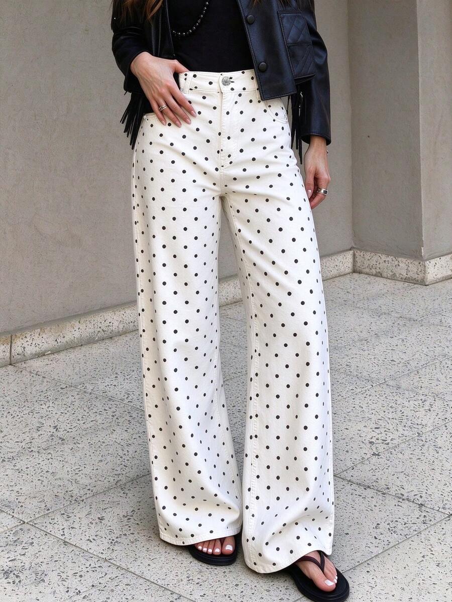 Women's Cute Polka Dot Print Straight Leg Jeans, Casual Long Denim ...