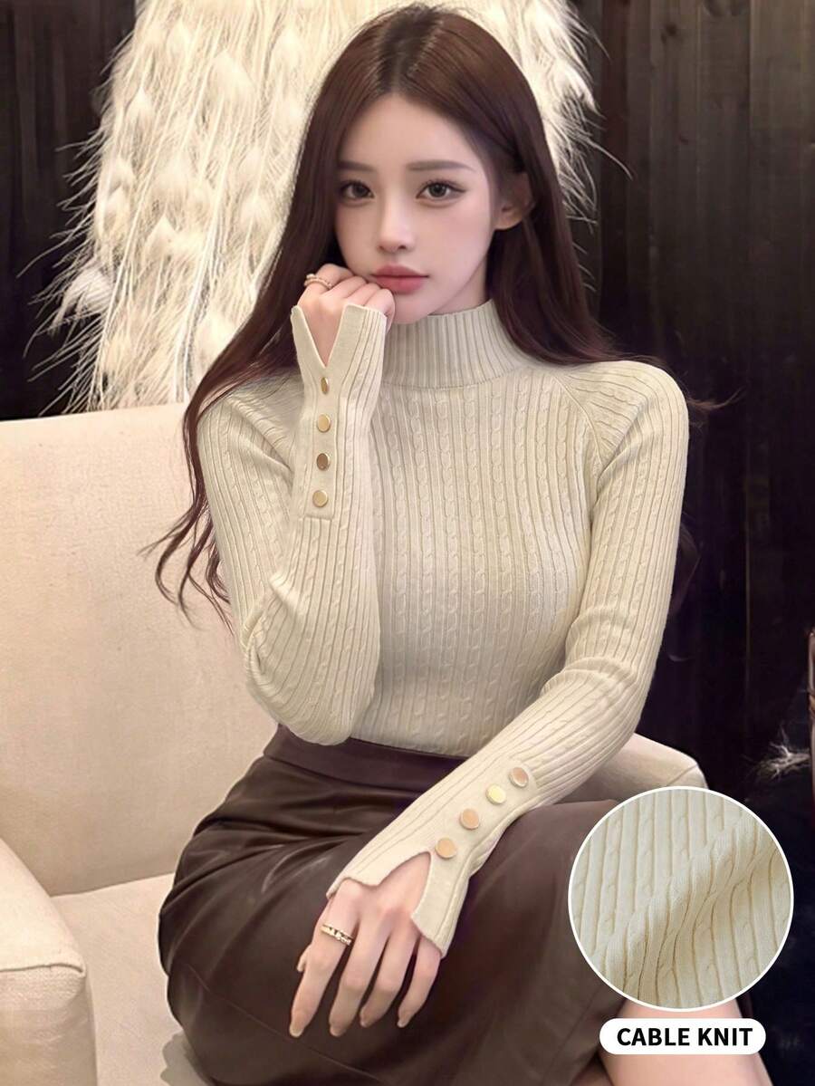 女款春秋冬季新款杏色粗針編織半高領毛衣內搭針織上衣,保暖毛衣配金屬鈕扣裝飾,通勤日常穿著,可單穿或疊穿 - 杏色 - 查看 1
