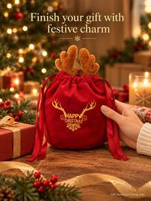 1pc Christmas Reindeer Antler Plush Drawstring Makeup Storage Bags, Includes Christmas Tags And Pins, Beige Velvet Cosmetic Pouch With Red Antlers, Soft Holiday Treat Pouches, Reusable Festive Organizer Pouch - Multicolor - View 7