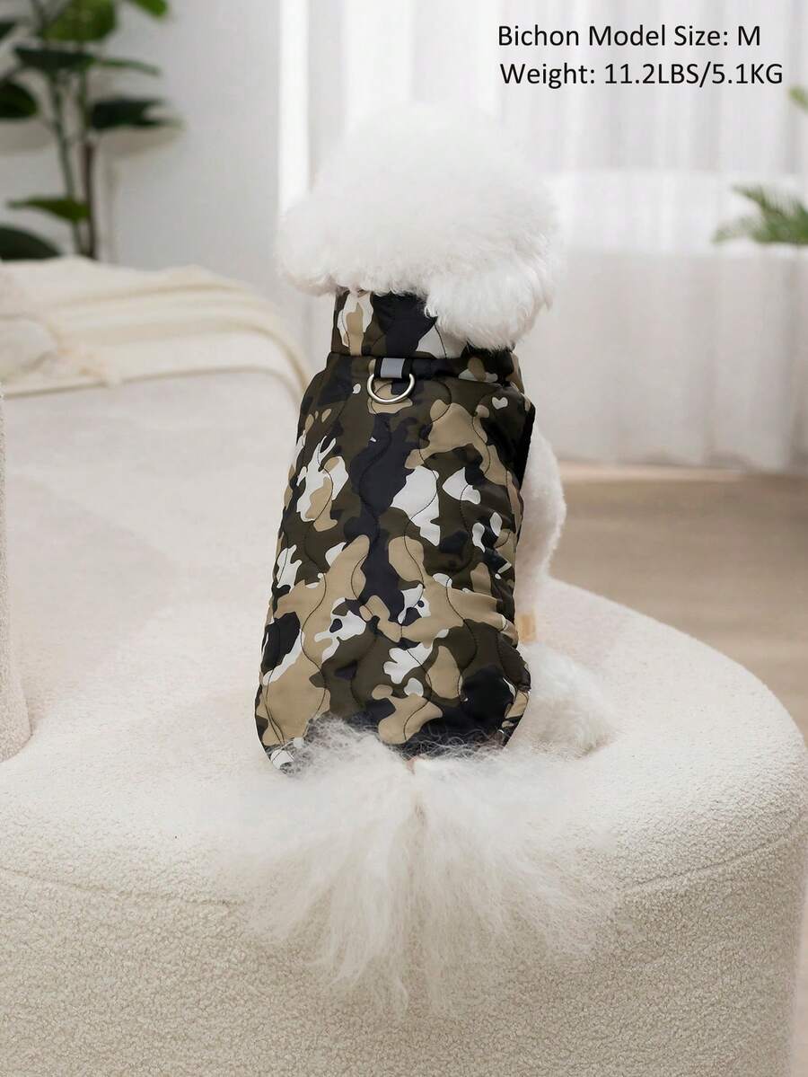 1 Piece Camel Camouflage Print Gourd Quilted Cotton Dog Coat With Belly Zipper, Washable Pet Jacket For Small, Medium, And Large Dogs, Suitable For Indoor And Outdoor Wear - Camel - View 1