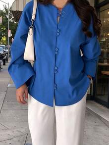Women's Fashion Casual Elegant Daily Wear Blue Long Sleeve Shirt, Comfortable For Autumn/Winter - Blue - View 7