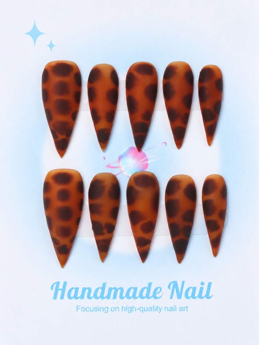 10PCS-Handmade Press On Nails, Stiletto Shape, Fall Nails,Nail Art,Y2K Style, Reusable, Brown, Paired With French Style, 3D Design, Suitable For Wedding,Autumn,Winter,Daily Wear, Parties, Vacations, And Also The Best Holiday Gift For Women. - Brown - View 1