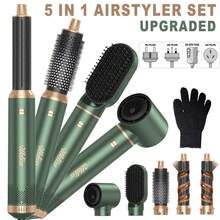 UKLISS 5合1專業造型刷組（熱風梳 + 直髮梳 + 自動捲髮棒），3段溫度設定 + 5個可拆卸可替換刷頭，自動捲髮，沙龍級捲髮/波浪/直髮，增加蓬鬆度並減少毛躁，情人節、主顯節、嘉年華、聖帕特里克節、聖誕節、總統日送給她的理想禮物，適合居家造型、通勤補妝、旅行美容、約會造型、派對妝容 - 綠色 - 查看 2