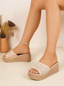 Sandal đế xuồng ren lưới phong cách châu Âu, dép quai ngang hở mũi đế dày, dép cao gót nữ đi biển du lịch - Màu be - Xem 8