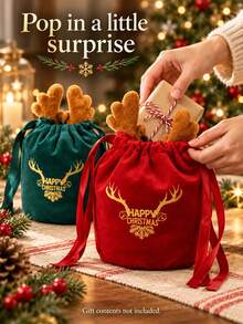 1pc Christmas Reindeer Antler Plush Drawstring Makeup Storage Bags, Includes Christmas Tags And Pins, Beige Velvet Cosmetic Pouch With Red Antlers, Soft Holiday Treat Pouches, Reusable Festive Organizer Pouch - Multicolor - View 4