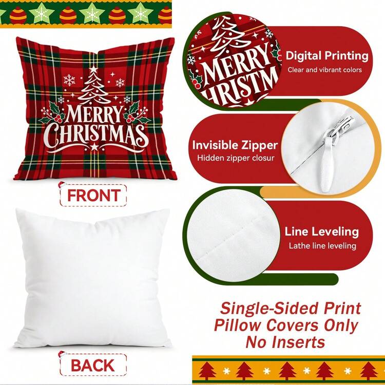 4pcs/1pc Christmas Tree And Snowman Pattern Pillow Covers, Single-Sided Print Pillow Covers, Suitable For Living Room, Bedroom, Home Decor, All-Season Pillow Covers - Multicolor - View 4
