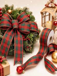 1/2pcs 5Yards Red And Green Plaid Ribbon With Luxurious Gold Edge Pattern, Suitable For Gift Wrapping, Holiday Celebrations, Making Bows, Wreaths And Other DIY Crafts - Multicolor - View 6