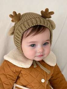 1pc Baby Cute Deer Horn Autumn/Winter Daily Warm Ear Cover Knit Hat, Christmas Gift - 1PC - View 11