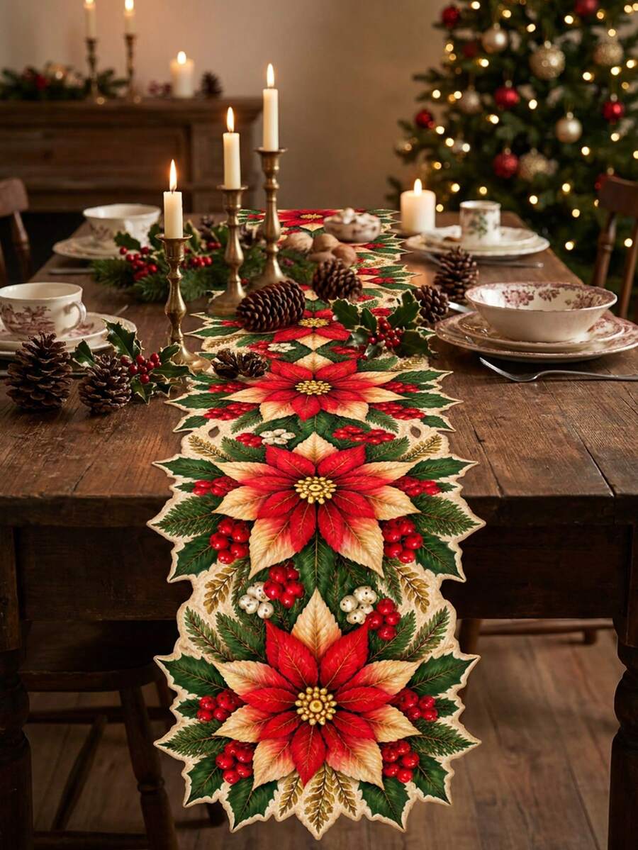 1pc Christmas Linen Table Runner, Red And Champagne Gold Poinsettia, Holly Leaf And Berry Print, Floral Cutout Shape, Vintage Dining Table Centerpiece For Coffee Table, Holiday Dinner And Party Decor - C - View 1