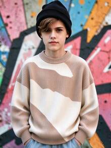 Teenager Asymmetrical Color Block Sweater, Dropped Shoulder Loose Fit, Minimalist Color Scheme, Suitable For Autumn/Winter Street Fashion - Multicolor - View 8