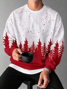 FRACTYR Men's Christmas Tree Pine Forest Silhouette Print Crew Neck Sweatshirt, Holiday Style Loose Casual Pullover Top - White - View 2