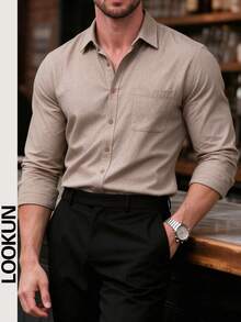 Lookun Men's Turn-Down Collar Long Sleeve Shirt With Button Placket And Patch Pocket Decor, Urban Casual Style, Spring/Autumn/Winter - Brown - View 2