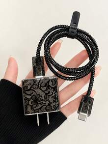 Vintage Black Lace USB Charger Protective Sleeve, 18W/20W Anti-Break Cable Protector, Halloween Decorative Protective Sleeve Compatible With Apple Fast Charging, Durable Lace Printed Charger Protective Cover, Anti-Tangle Anti-Scratch Cable Sleeve, Unique Halloween Gift - Black Lace - View 2
