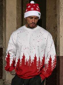 FRACTYR Men's Christmas Tree Pine Forest Silhouette Print Crew Neck Sweatshirt, Holiday Style Loose Casual Pullover Top - White - View 1