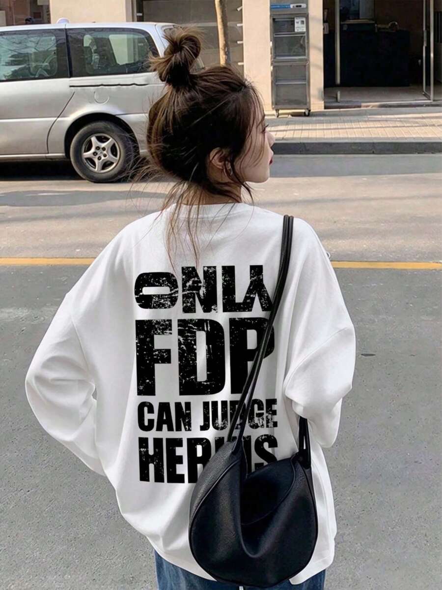 女款圓領長袖T恤,春秋新款字母印花,時尚休閒百搭寬鬆上衣 - 白色 - 查看 1