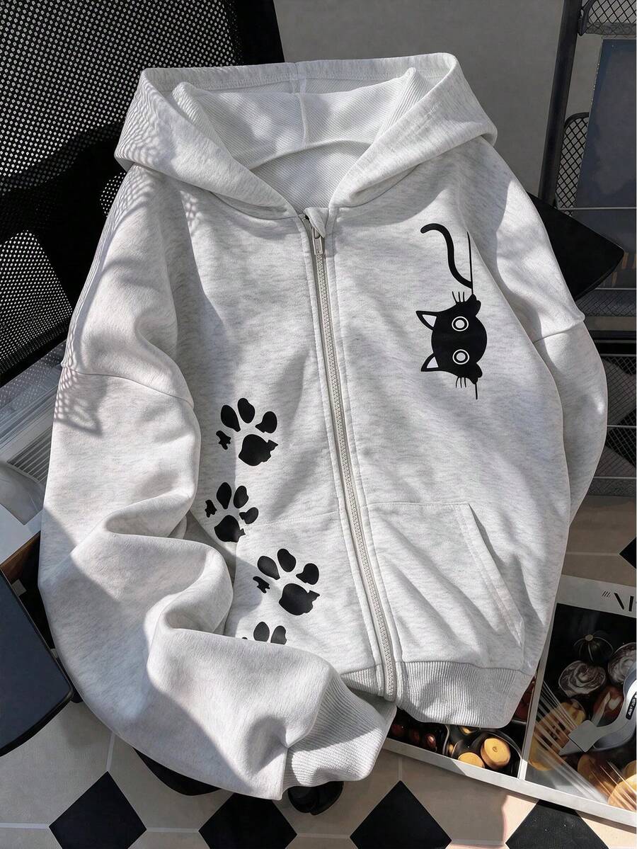 Girls Light Gray Cat Paw Print Zip-Up Hooded Jacket, Loose Drop Shoulder Casual Open-Front Sweatshirt - Light Grey - View 1