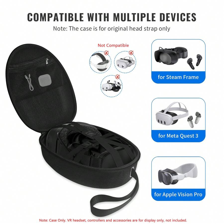 Túi đựng EVA nỉ cứng tương thích với Quest 3, Apple Vision Pro, Steam Frame, chống sốc, chống bụi, kháng nước, túi lưu trữ cho kính VR, tay cầm điều khiển, cáp và phụ kiện, có túi lưới và dây đeo tay, chỉ dành cho dây đeo đầu chính hãng - Xem 1