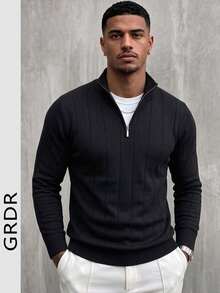 GRDR Men's Autumn/Winter Casual Long Sleeve Half-Zip Sweater, Versatile Daily Wear Knit Sweater - Black - View 12