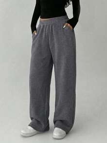 1pc Girls Teen Casual Sports Elastic Waist Solid Color Straight Leg Pants Autumn Outfit - Multicolor - View 8