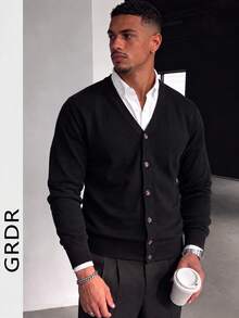 GRDR Men's Solid Color V-Neck Knitted Cardigan, Autumn/Winter Minimalist Single-Breasted Long Sleeve Slim Fit Casual Black Outerwear Sweater Jacket - Black - View 9