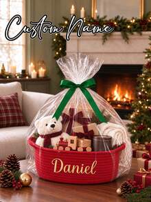 Customized Name Christmas Gift Basket, Customized Name Gift Set, Christmas Gift Packaging (Transparent Bag & Ribbon), Corduroy "Christmas Eve" Gift Basket, Foldable Storage Basket With Handle, Christmas Decoration - Multicolor - View 11