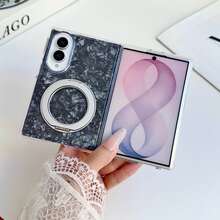 貝殼紋理手機殼,相容 iPhone DUO、 Galaxy Z Fold 8、Fold 8 Ultra、Fold 7、Fold 6,360°可旋轉折疊金屬支架,多色可選,時尚防震保護殼,適合女性女孩 - 黑色 - 查看 7