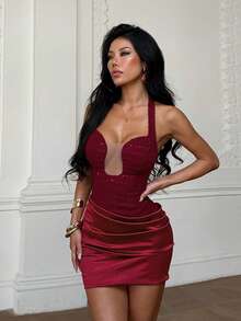 Women's Elegant Burgundy Halter Backless Dress, Curved Cup Design, For Date Night, Birthday, Party, Wedding,Christmas,Winter,New Year,Night Out,Chic - Burgundy - View 2